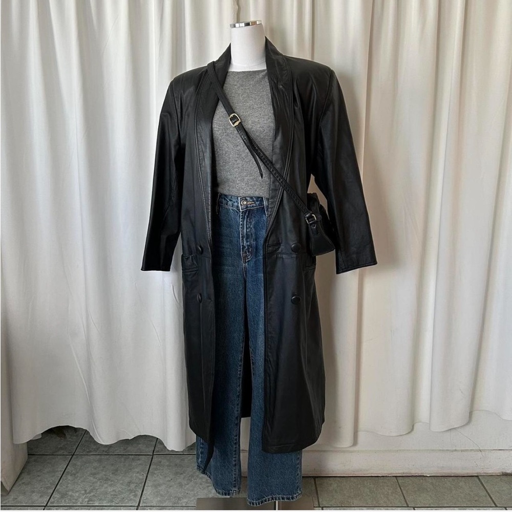 Vintage Pelle Club black long leather trench coat size Medium. - Picture 4 of 12